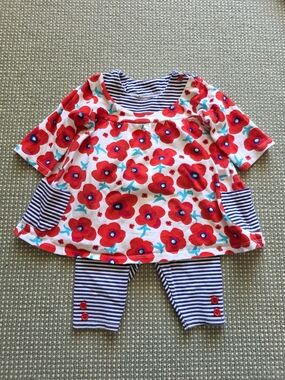 Girls' Red Floral Tunic with Navy Stripe Leggings Set